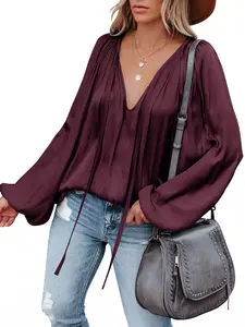 Plus Size Women's Sexy Deep V Neck Chiffon Fitted Blouse Shirt with Lantern Long Sleeves, Plus Size Drawstring Silk Satin Robe for Casual and Party Wear