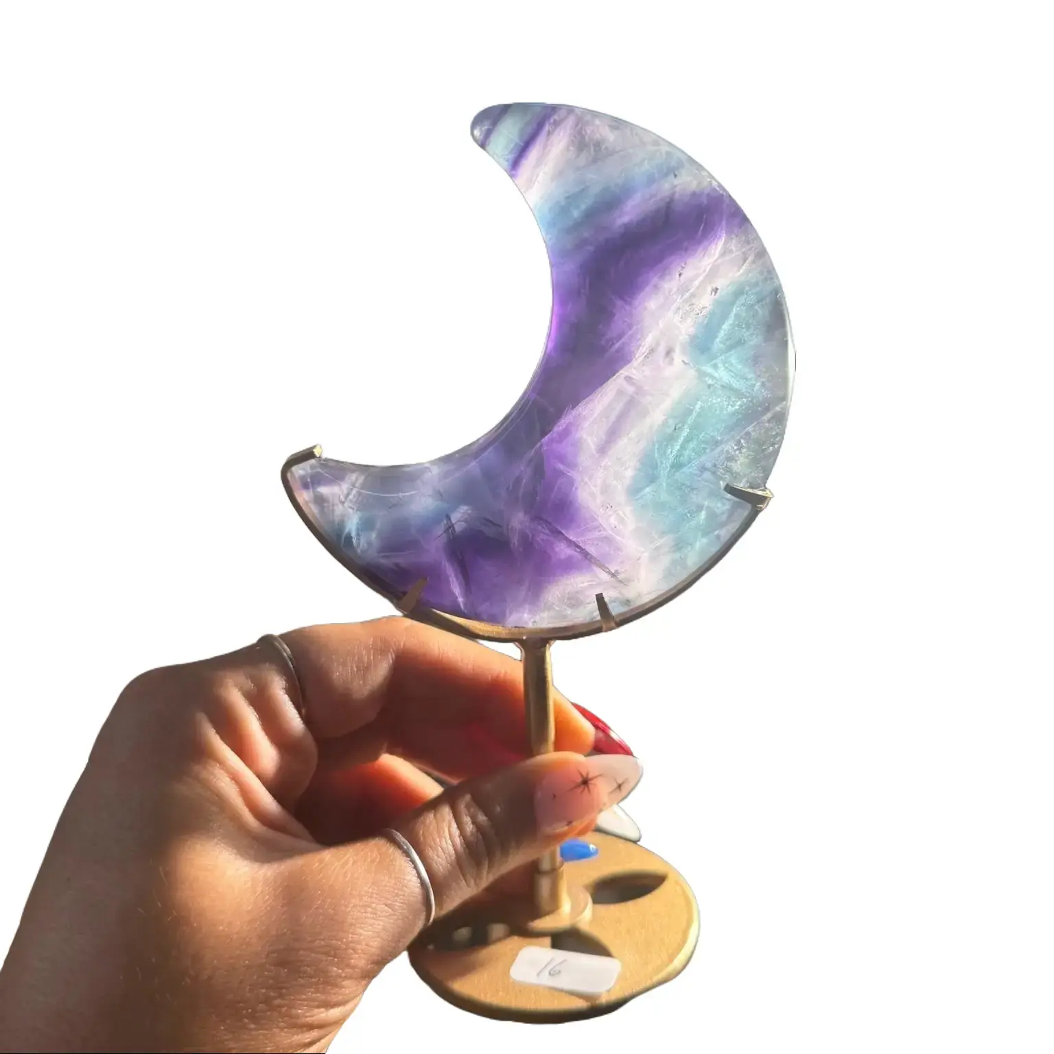 Fluorite Moon on Gold Stand - Clarity & Calm Energy - Sapphire & Sage