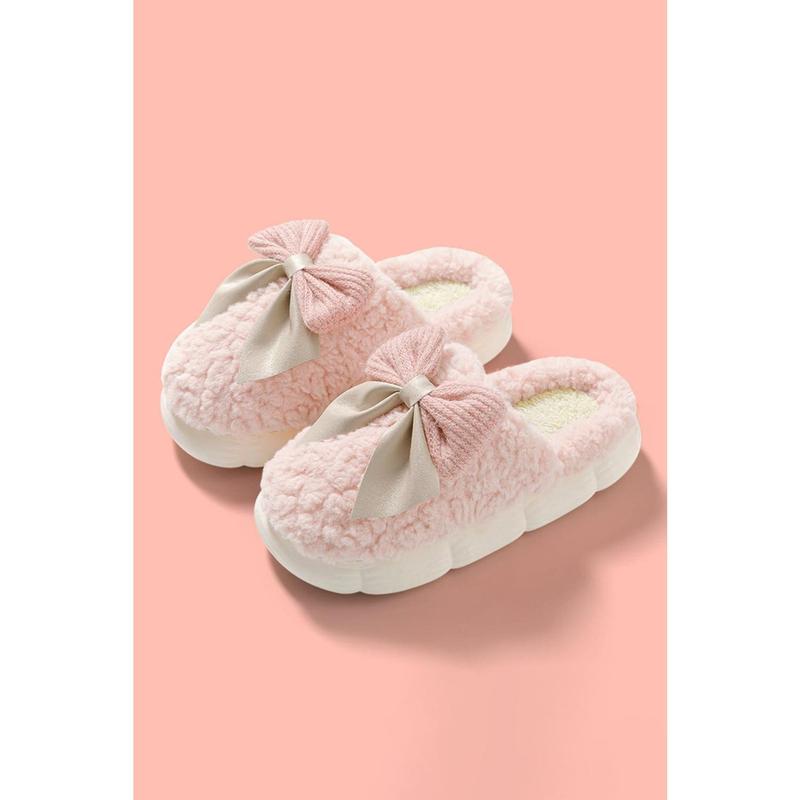 White Contrast Bowknot Applique Plush Winter Slippers