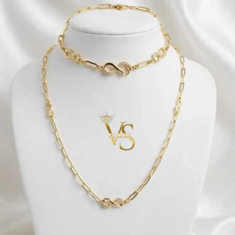 Valdes Luxury – 14K Gold Plated Laminated Infinity Link Necklace & Bracelet Set – Everyday Wear