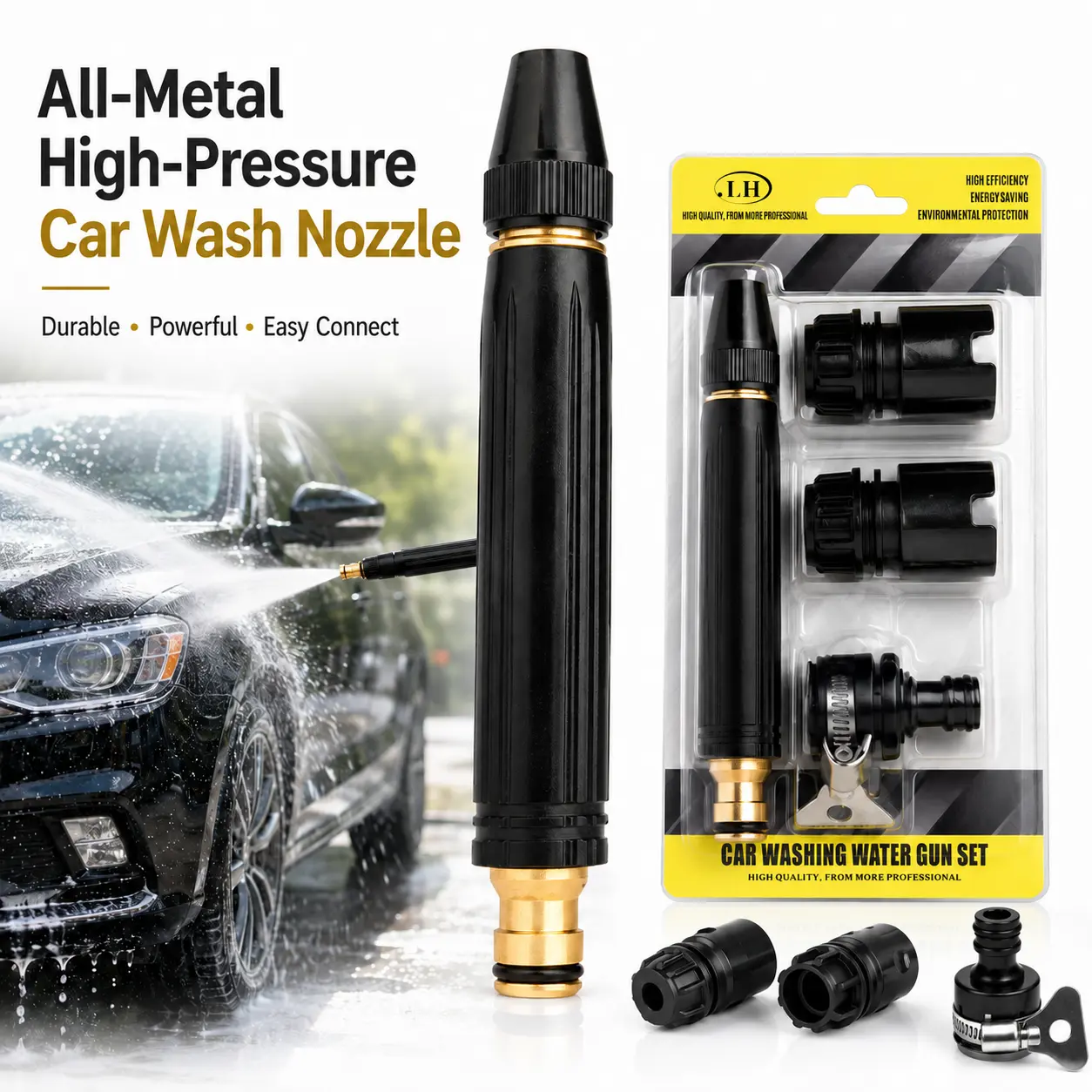 All-metal high-pressure car wash gun featuring a 3-mode adjustable spray nozzle and a hose adapter kit; a durable, professional-grade tool suitable for car washing, garden watering, pet bathing, and outdoor cleaning.