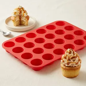24-Cup Mini Silicone Muffin Pan - Nonstick Food Grade Baking Mold, Heat-Resistant Reusable Tray for Muffins, Tarts, Red
