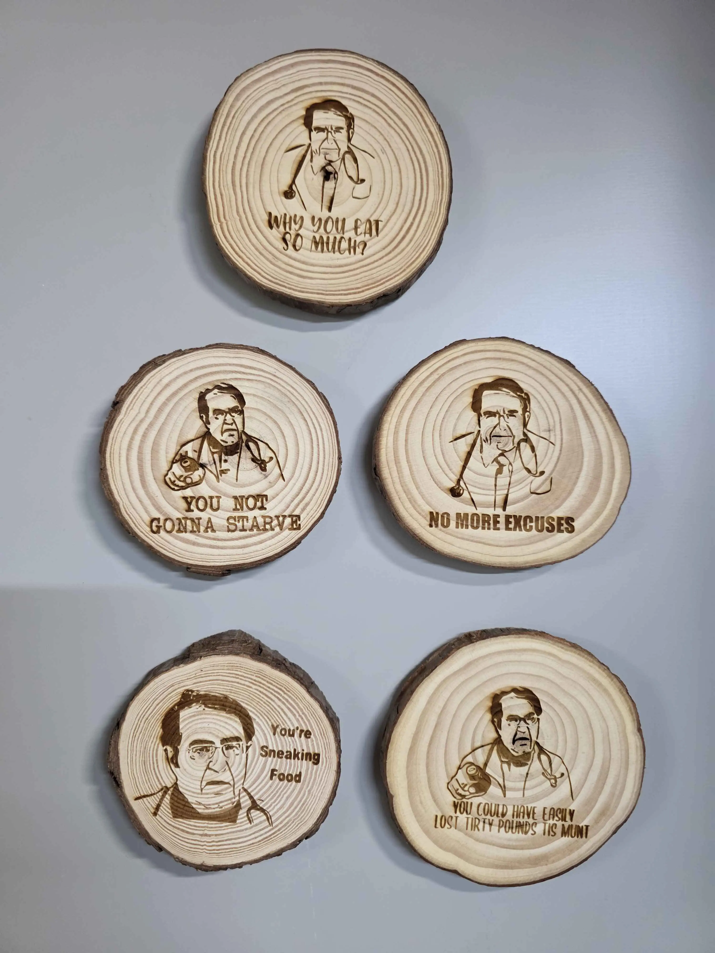 5pc Set 3.5" Funny Laser Engraved Refrigerator Magnets on a Wood Slice Dr Now Fat Quotes Why You Eat So Much