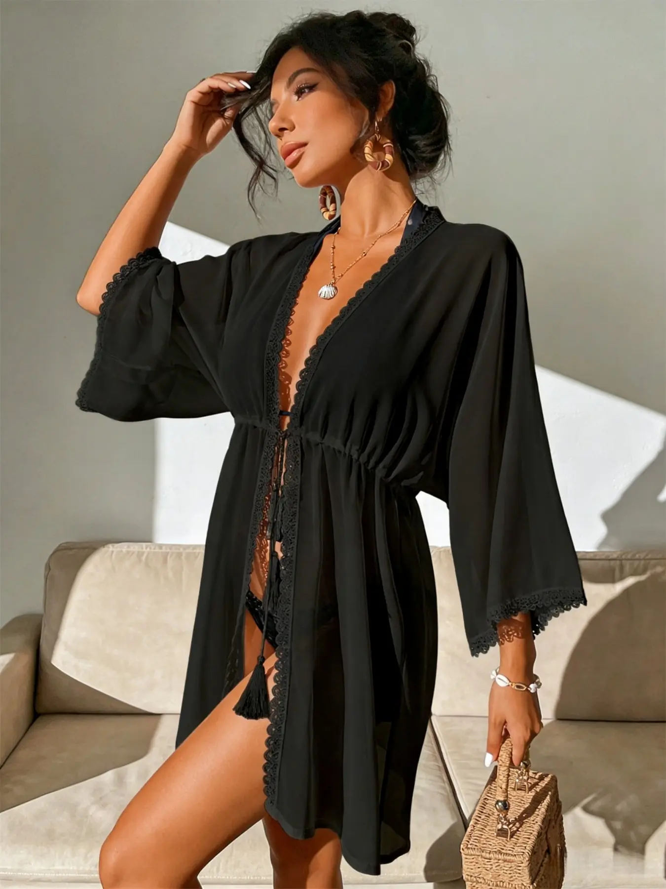 Vacation Lazy Vibe White Lace Sheer Loose Beach Cover Up Baddie Beach Style White Lace Sheer Outerwear Cover Up French Relaxed Style White Lace Sheer Lightweight Cover Up Swimsuit Cover Up Swimwear Cover Up Swimsuit Coverups Bikini Coverup