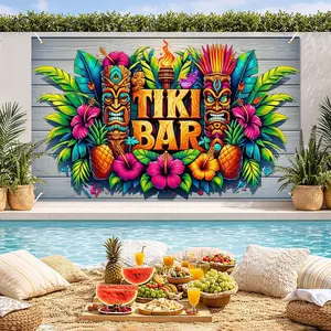 Tiki Luau Party Banner 71x43 Inch, Hawaiian Tiki Bar Decoration, Tropical Birthday Party Backdrop, Photography Background