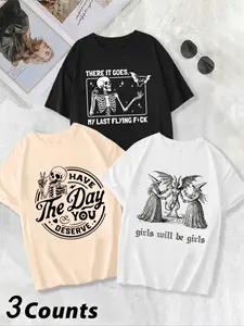 Women's Skeleton & Letter Print Round Neck Tee, Casual Short Sleeve T-shirt for Summer, Ladies Clothes for Daily Wear