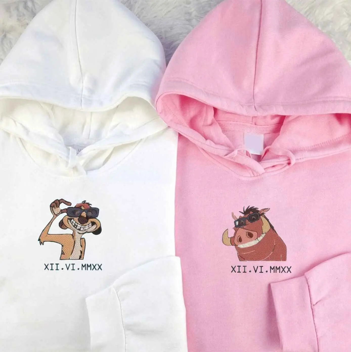 Animal Couple Roman Numeral Matching Hoodies - Custom Embroidered Sweatshirts For Partners