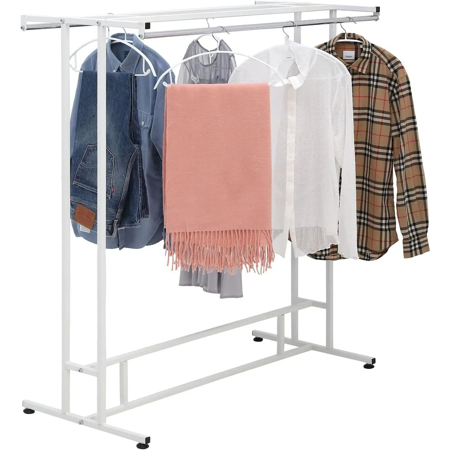White Stainless Steel Freestanding Garment Rack, Heavy Duty Double Rod Clothes Rack Clothing Hanger Stand with Storage Display Shelf