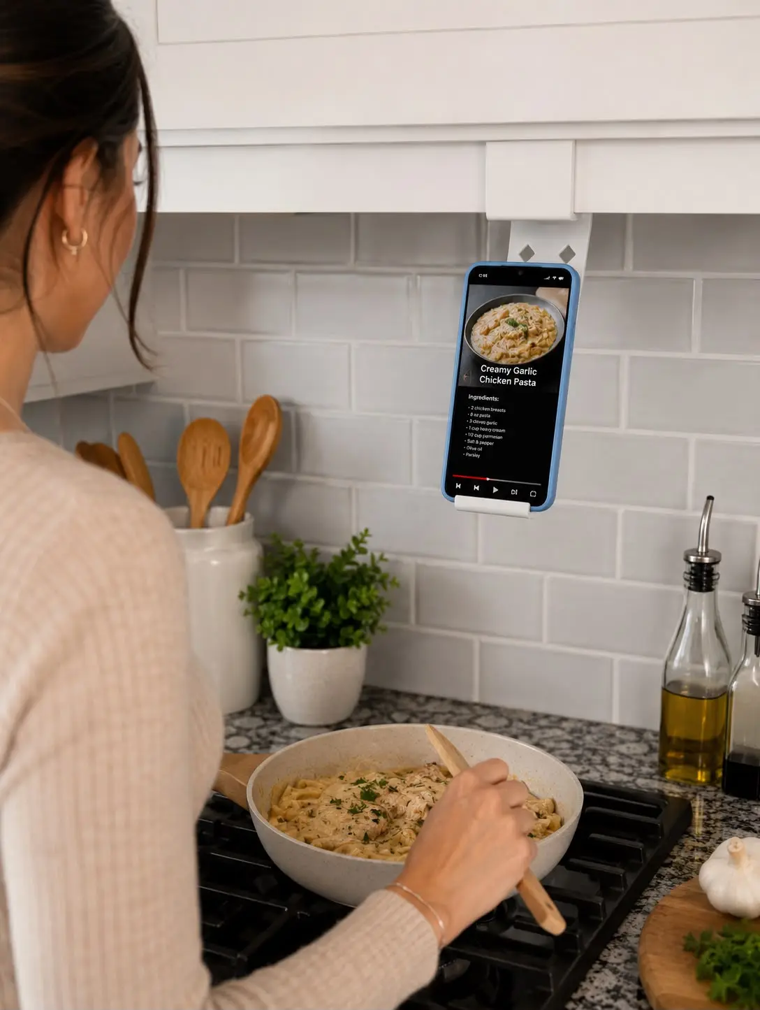 Under Cabinet Phone Holder-Adjustable Hands-Free Kitchen Mount,No-Drill Smartphone Stand