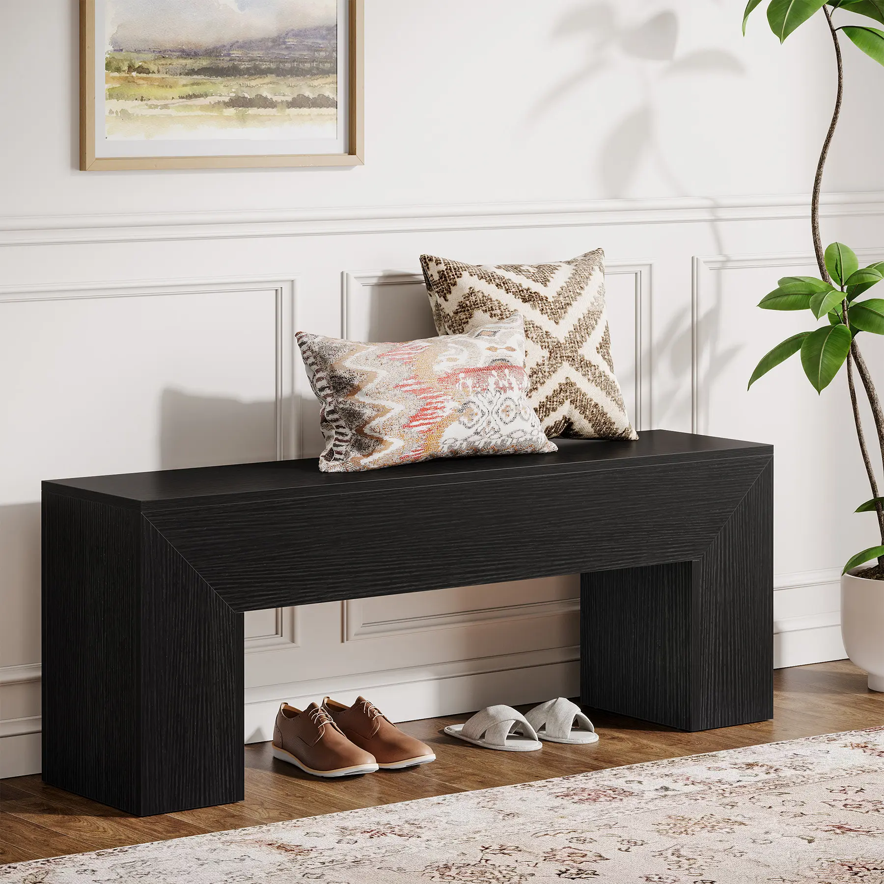 LITTLE TREE 47'' Wooden Entryway Bench, Farmhouse Entry Bench Seat, Indoor End of Bed Bench with Storage Capability for Living Room, Bedroom, Hallway, Easy Assembly