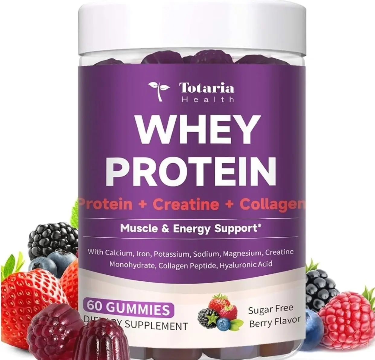 3 in 1 Whey Protein Gummies | Creatine Monohydrate | Collagen, 0 Sugar, Pure Protein Source, Muscle & Energy Support, Berry Flavor, for Women and Men