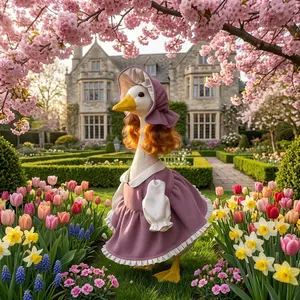 Spring Goose Outfit for 23" Patio Lawn Porch Statue Costume Set Cute Dress with Wig + Hat Garden Art Decor Yard Holiday Outdoor Cloths Bonnet Handcrafted Statuary Accessory