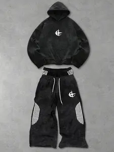 Men Women Y2K Casual Trendy Set, Icon Print Thin Hoodie, Drawstring Waist Pocket Straight Leg Pants, Fashionable Loose Fit, Casual Outfit Set, Spring