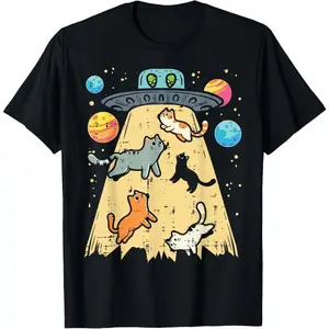 100% Cotton Unisex Alien Abduction Cats UFO Flying Saucer Space Women T-Shirt