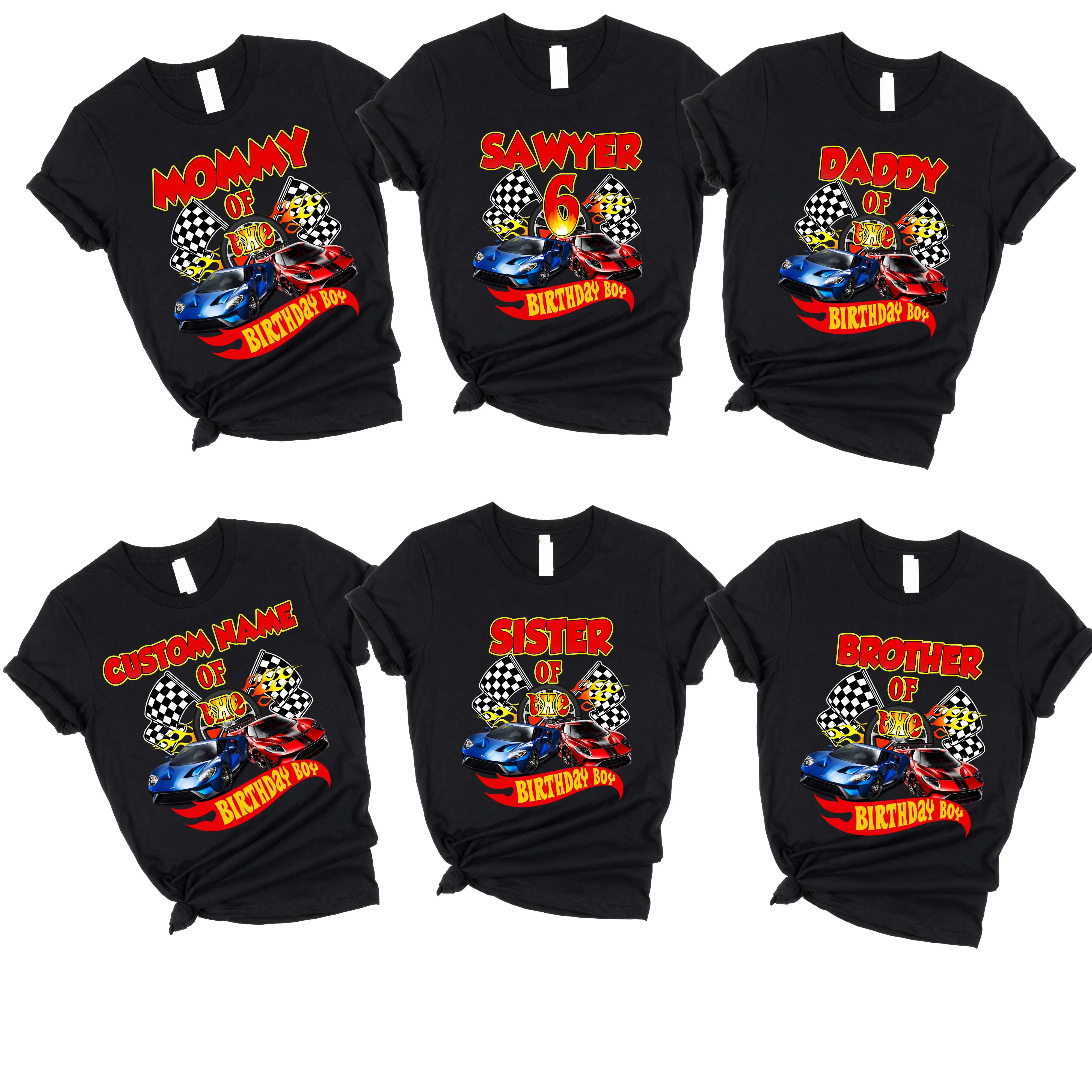 Birthday Shirts for Boys, Personalized Hot Cars Theme Round Neck Family Matching Apparel with Custom Name & Age, Clothes, Coordinate, Matching Set, Crew Neck, Cotton, Custom Names, Shortsleeve, Outfits