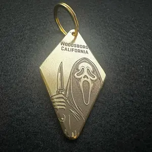 Scream Ghostface Brass Hotel Style Keychain - 2.75 inches long, 1.57 inches wide, and 3mm thick