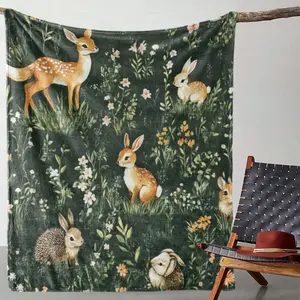1pc Bohemian Vintage Deer & Rabbit Print Flannel Blanket – Soft, Cozy, All-Season Throw For Sofa, Bed, Car, Office, Camping & Travel, Earthy Green With Floral Patterns, Perfect Gift For Any Occasion, Thin Blanket Dream Workshop