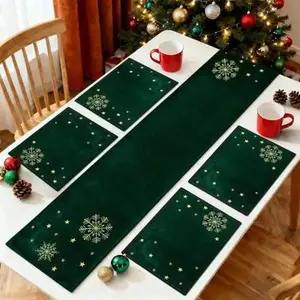Green Velvet Christmas Table Runner &amp; Placemats Set – Gold Holly Embroidery, 5-Piece Holiday Décor