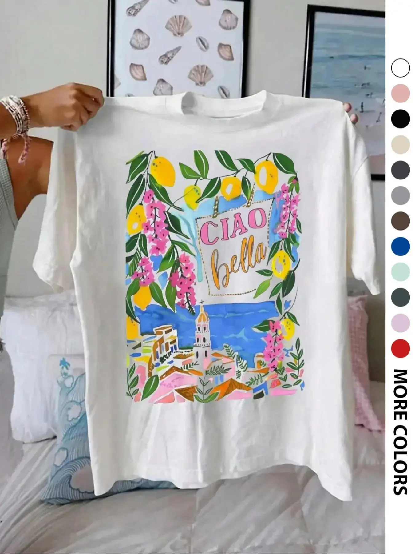Women's Lemon & Letter Print Round Neck Tee, Vintage Trendy Casual Short Sleeve T-shirt for Casual Everyday Wear, Ladies Summer, Top