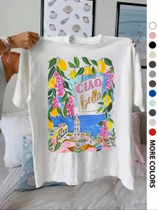 Women's Lemon & Letter Print Round Neck Tee, Vintage Trendy Casual Short Sleeve T-shirt for Casual Everyday Wear, Ladies Summer, Top