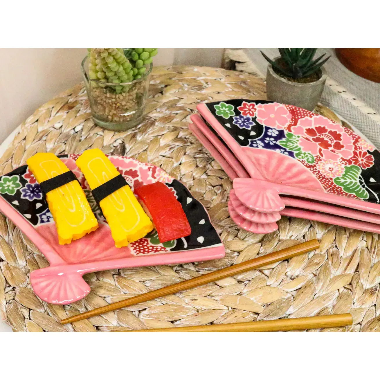 Ebros 4-Piece Aesthetic 8 In Ceramic Pottery Plates, Colorful Pink Floral Blossoms Oriental Fan-Shaped for Appetizers, Sushi, Desserts - Home Supplies Home Decor, Small, Four Pieces