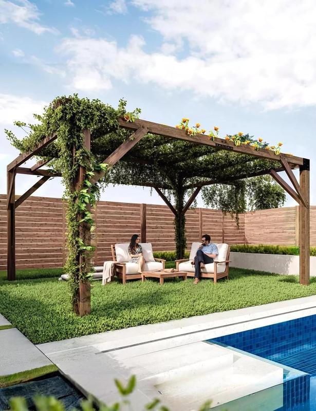 GARVEE 12'X 14' Cedar Wood Pergola,Wood Patio Pergola with Retractable Shade Canopy,All-Season Durability, High-Wind Rating,Shade for Outdoor Patio, Deck, Garden, and Entertaining