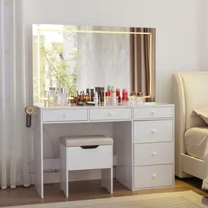 VECELO vanity Desk LED Lighted Mirror With Power Port And Storage Stool Dressing Table Set with Large Space Drawer Chair Makeup Dressing Table Charging Station minivanity cozymatic vanity
