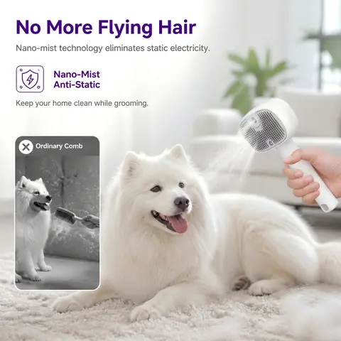 3-in-1 Rechargeable Pet Mist Grooming Brush with UV Clean, 38ml Tank & UV Light - Anti-Static Abs Hair Removal Device for Cats, Deshedding & Loose Fur Release Tool for Shiny Coat