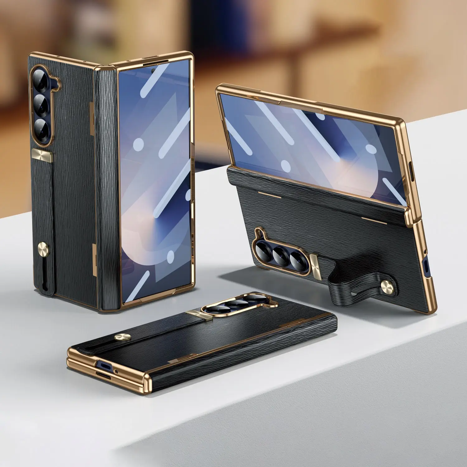 Luxury Leather Foldable Phone Case with Retractable Wrist Strap & Kickstand, Hinge & Camera Full Protection Cover for Samsung Galaxy Z Fold Series