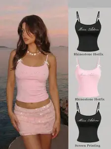 Women's Letter Print Bow Decor Camisole for Summer Vacation Outfits Retro Vintage Country Date Picnic Festival Birthday Wear Cottagecor Y2K Cute Womenswear Tops