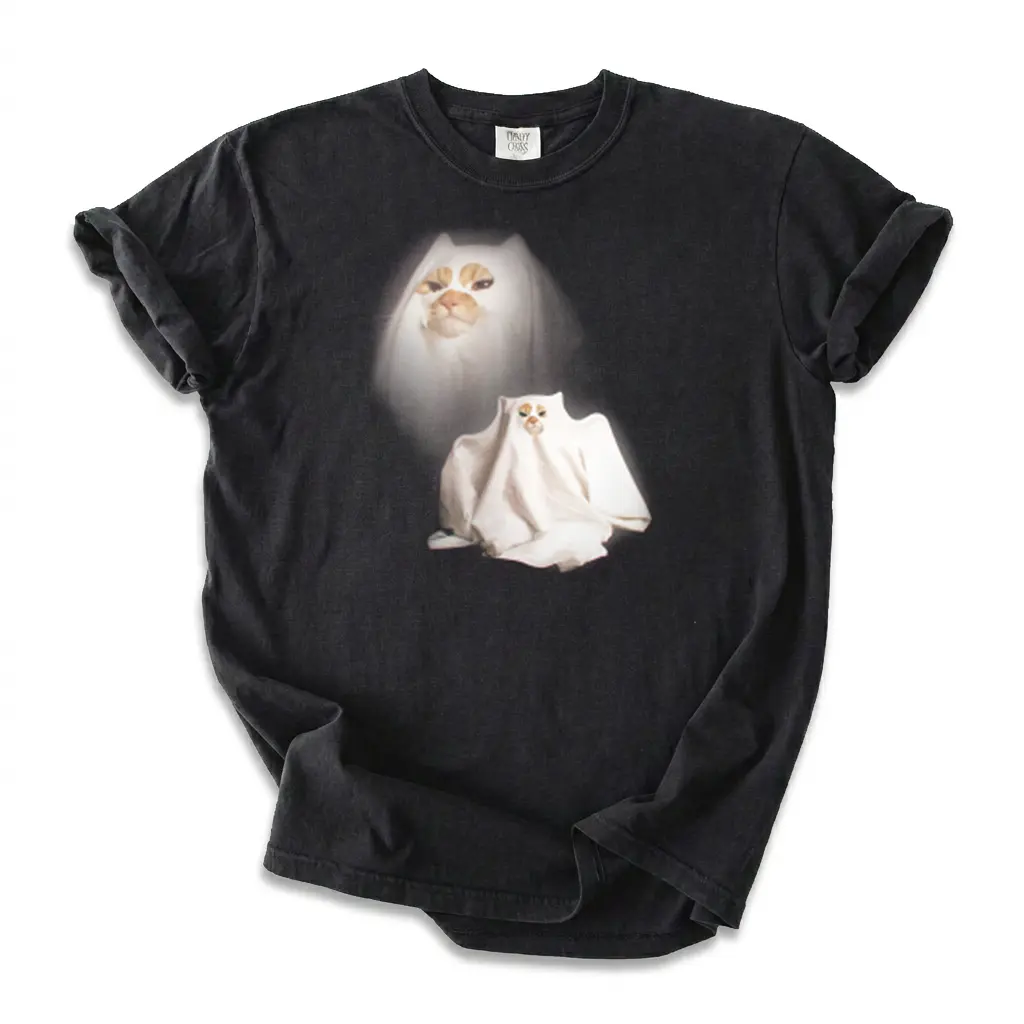 Women's Vintage Graphic Tee, Ghost Kitten Print in Heavyweight Distressed Cotton, Ribbed Collar, Made in USA Streetwear