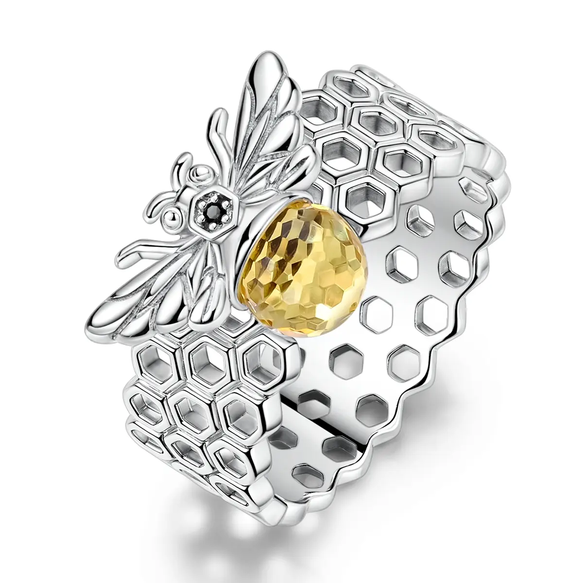 MULA Silver-Plated Honeycomb 3D Alternative Artistic Bee Part Charm Ring - Adjustable, Yellow Colored Gemstone, CZ Accent, Casual Everyday Wear Nature-Inspired Gift for Women, Charm Rings, 3D Rings