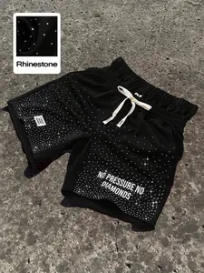 Trendy Men's Black Rhinestone Drawstring Shorts, "No Pressure No Diamonds" Graphic Print Elastic Waist Casual Athletic Bottoms, Y2K Streetwear Sparkly Summer Shorts for Street Style & Daily Wear #MensStreetwearShorts #RhinestoneFashion #Y2KStyle