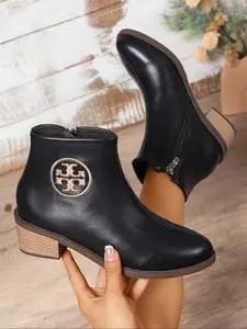 Women's Classic Black Chelsea Boots, Fashion Leather Embroidered Ankle Booties, Pointed Toe Chunky Heel Side Zipper Comfortable Fall Winter Short Shoes,Comfortable High Heel Boots,Elegant Boots,Gift for Halloween, Christmas, Valentine's Day & Birthdays