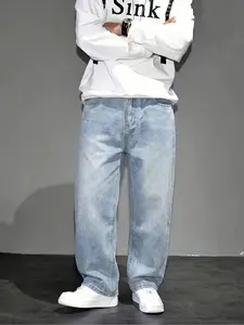 Straight Leg Denim Jeans Cotton Slant Pockets Washed Jean, Casual Fitted Wide Leg Jeans, Couple Matching Straight Loose Fit