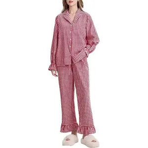 Womens Gingham Pajamas Sets Cotton Plaid Pjs Ruffled Sleeve Button Down Shirt Pants Y2k 2 Piece Lounge Set