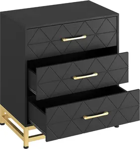 Storage Cabinet  3 Drawer Triangle Pattern Chest - MDF + PB + Iron  Black  Sleek Storage for Bedroom  Living Room  Office