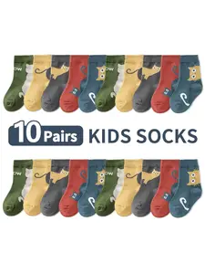 10 Pairs Mixed Color Socks with Cartoon Cat Pattern, Mid-Calf Socks for Boys and Girls, Casual Daily Wear, Casual Stylish Socks