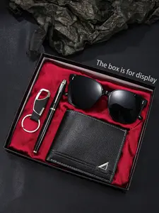Men's Fashion Business Casual Set 4pcs, Includes Glasses Pen Keychain Leather Wallet, Perfect Gift for Birthday Father's Day Christmas Halloween