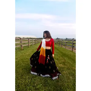 Black and Red Chaniya Choli Set with Long Sleeve Blouse