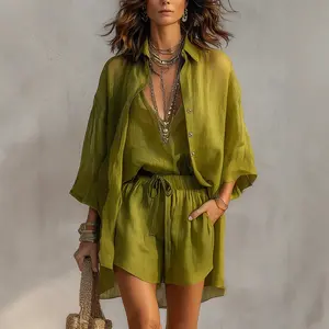 Summer lapel breasted nine-quarter sleeve cardigan deep V-neck vest shorts casual three-piece women's