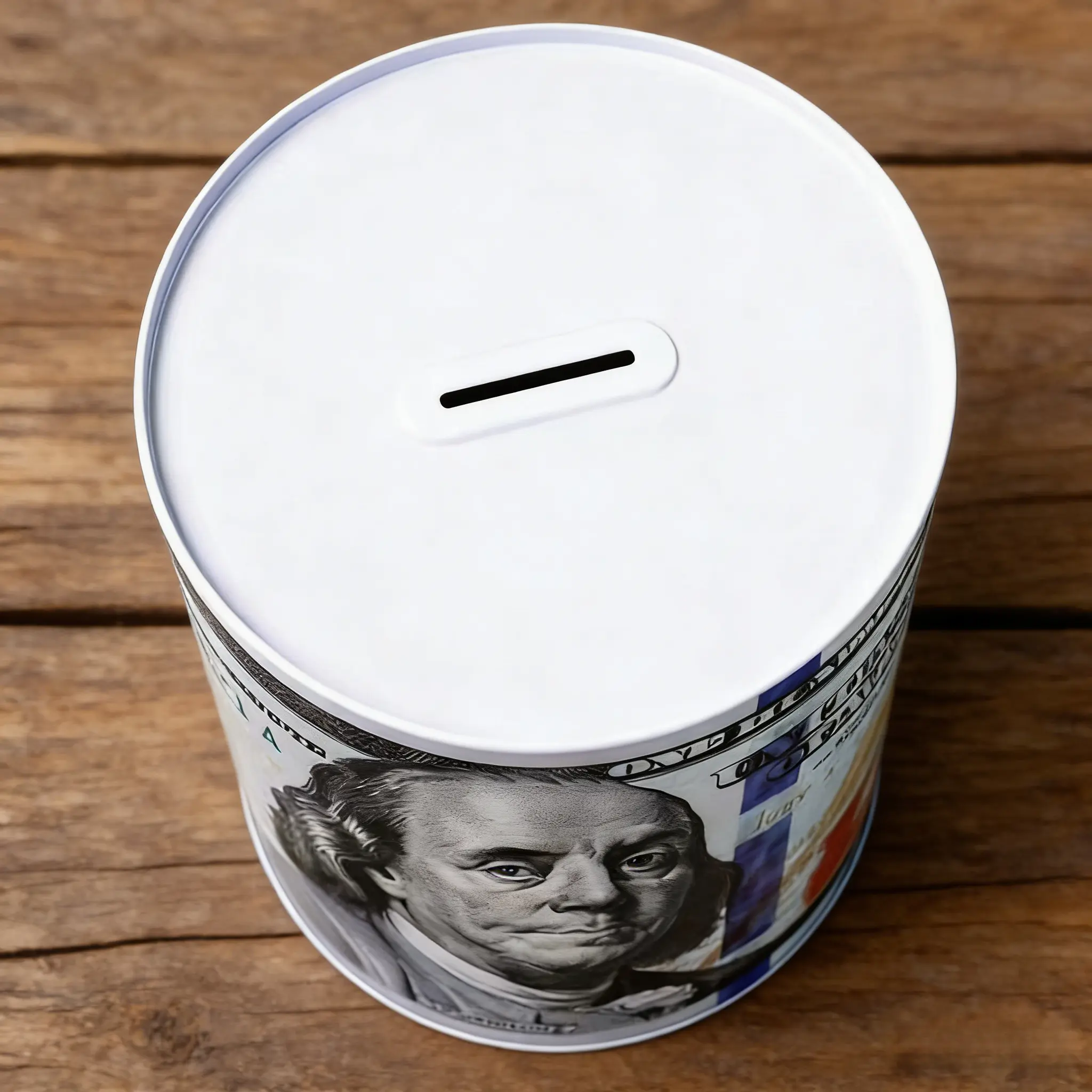Tin Dollar Bill Piggy Bank - 5.875in Tall Metal Savings Box, Benjamin Franklin Print Decoration, Cash Coin Jar Tool Organizer