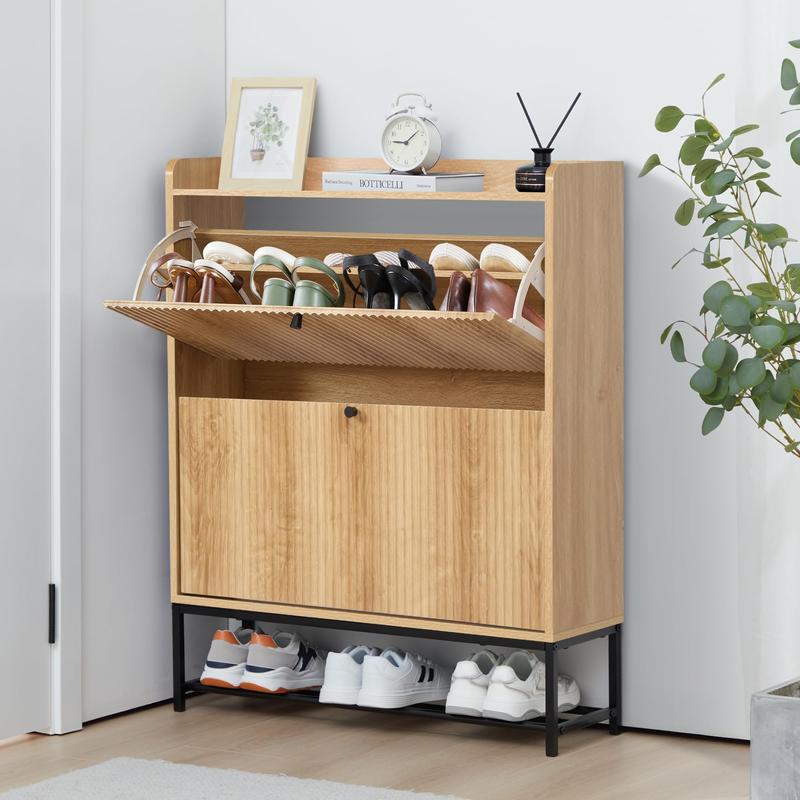 Giratree Fluted Shoe Cabinet with 2 Flip Drawers, Modern Slim Shoe Storage Organizer, Narrow Entryway Shoe Rack, Tipping Shoe Cabinet with Metal Legs for Heels, Boots, Slippers in Entrance
