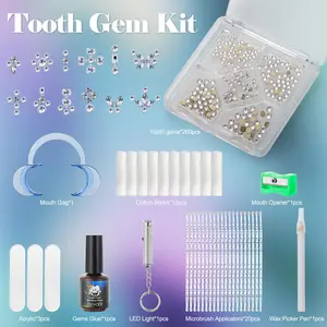 NOVANI DIY Temporary Tooth Gem Starter Kit Bundle - 260Gemz, 20Microbrush Applicators, White Gemz Pencil Picker, UV Bonding Glue, Mini UV Light, 10 Cotton Rolls Also includes cartoon stickers Oral sparkly Orthodontic Accessories Dental Braces