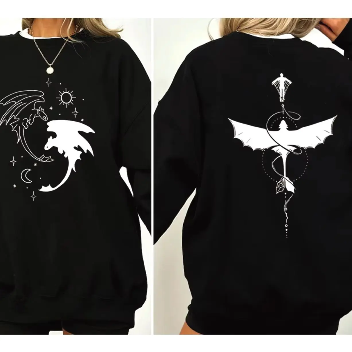 Retro Toothless Dragon Botanical Sweatshirt Two Sided Printed Hoodie Dragon Movie Pullover Unisex Long Sleeves Sweatshirts