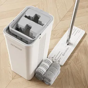 Mop and Bucket with Wringer Set, White Flat Squeeze Mop Bucket Set for Floor Cleaning, Wet Dry Mop for Wall Cleaner with Long Handle, Hardwood Floor Mop with 4 Microfiber Cloths