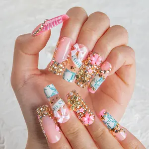 Lovful | NEW DROP Collection Handmade Acrylic Press On Nails | 10PCS Reusable | Salon Quality 3D Flower Rhinestones