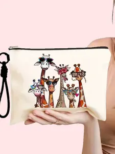 Travel Makeup Bag Set, Giraffe Pattern Cosmetic Bag, Detachable Wrist Strap, Durable Canvas, Multifunctional, Ideal for Travel and Daily Use