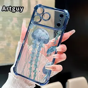 Deep Sea Jellyfish Pattern Phone Case for iPhone 17 Pro Max 16 15 Plus Air 14 13 12 11 E Electroplated Four-Corner Anti-Fall Protection Cellphone Cover