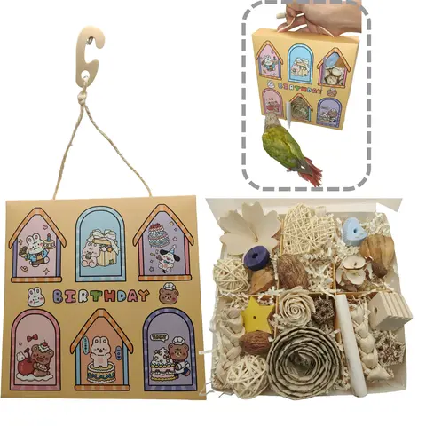 6-Door 6-Grid Bird Birthday Foraging Box - Natural Chew Toy, Floral Bird Toys with Sola Flowers, Wood Blocks, Treats, Versatile Hanging System, Engaging Interactive Pet Supplies Birthday Gift